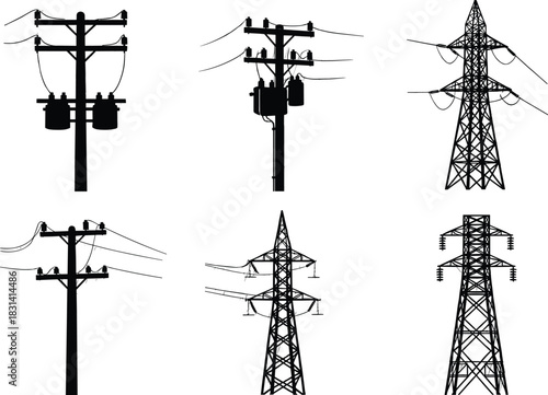 Flat vector illustration of utility poles with transformers, insulators, power lines, urban electrical infrastructure silhouette set