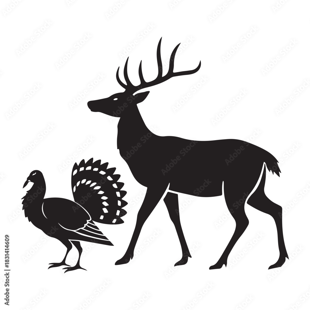 Fototapeta premium Hunting silhouettes with deer and capercaillie Vector