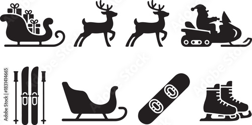 Silhouette icons of a sleigh with gifts, two reindeer, santa on a snowmobile, skis, a sled, a snowboard, and ice skates, representing winter sports and holiday themes.