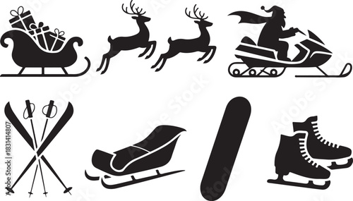 Silhouette icons of a sleigh with gifts, two reindeer, santa on a snowmobile, skis, a sled, a snowboard, and ice skates, representing winter sports and holiday themes.