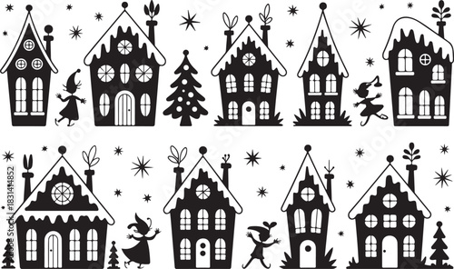 Silhouette illustration of winter holiday scene with houses elves and christmas tree elements in black and white
