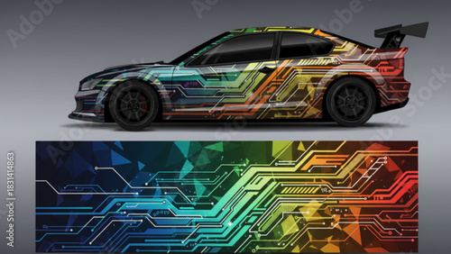 Modern sports car showcasing a vibrant blue and green abstract wave-like vinyl wrap design.