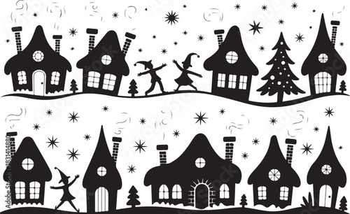 Fotografia Silhouette illustration of winter holiday scene with houses elves and christmas
