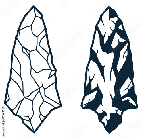Hand drawn vector illustrations of two primitive stone arrowheads isolated on white background