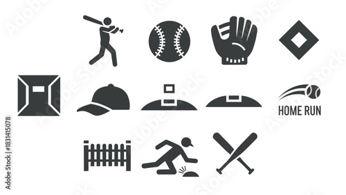 Baseball icons: player, ball, glove, base, cap, field, home run, fence, bats.