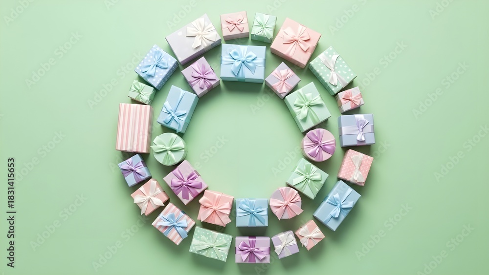 Naklejka premium Oval arrangement of small pastel gift boxes on a light green background