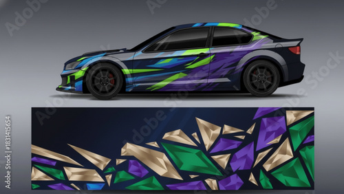 Custom car wrap design with abstract geometric shapes in vibrant colors.