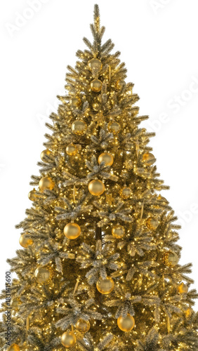 Luxurious golden christmas tree decorated with ornaments isolated on transparent background