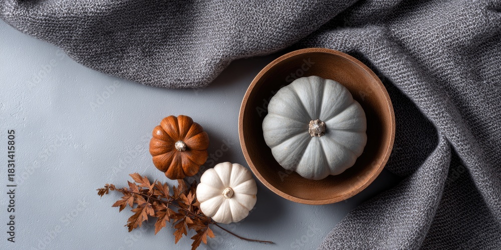 Fototapeta premium Cozy autumn thanksgiving decor with pumpkins in a rustic bowl warm indoor environment captivating still life arrangement