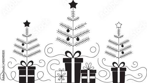 Three christmas trees emerging from gift boxes silhouette