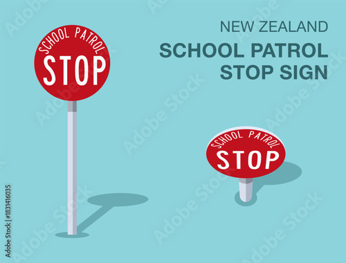 Traffic regulation rules. Isolated New Zealand "school patrol stop" road sign. Front and top view. Flat vector illustration template.