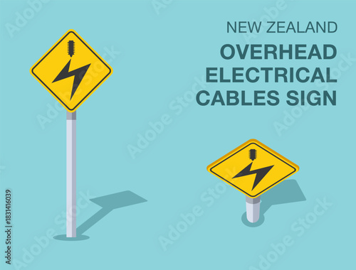 Traffic regulation rules. Isolated New Zealand "overhead electrical cables" road sign. Front and top view. Flat vector illustration template.