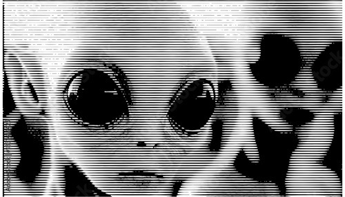 Alien heads vector clipart, extraterrestrial faces, sci-fi illustration, black and white xerography style, isolated transparent background