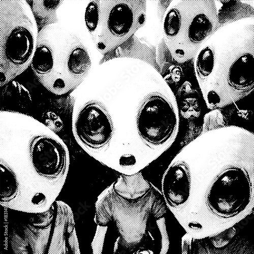 Creepy alien crowd illustration, black and white surreal extraterrestrial faces, horror sci-fi art, high contrast, eerie group portrait