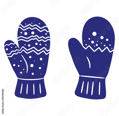 Two blue and white winter mittens illustration featuring decorative patterns and isolated on white