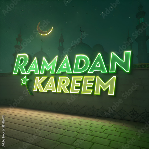 Ramadan Kareem Greeting - Festive Islamic Celebration, Mosque & Moon on transparent background