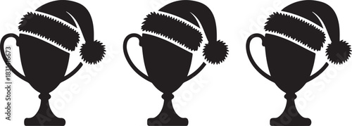 Three trophies wearing santa hats celebrating holiday victories silhouette