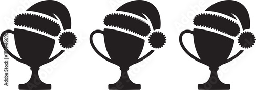 Three trophies wearing santa hats celebrating holiday victories silhouette