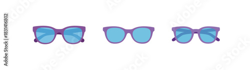 Three pairs of purple-framed sunglasses with blue lenses are displayed in a row against a white background.