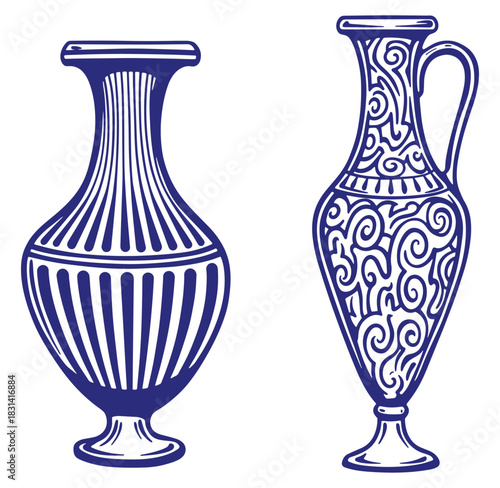 Two elegant blue and white vector illustrations of ancient greek amphora vases