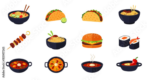Delicious food icons set featuring burger, noodles, sushi, tacos, skewer, soup, rice, and paella