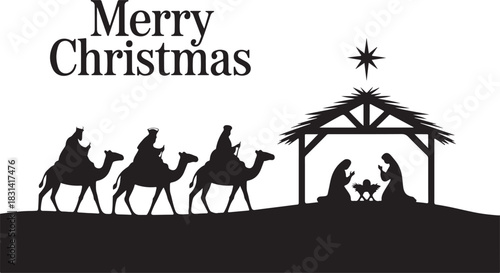 Vector illustration Birth of Christ, baby Jesus reaching the Magi bear gifts, three wise kings and star of bethlehem, nativity christmas graphics design elements