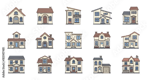 Detailed architectural icon pack featuring diverse house designs for various purposes