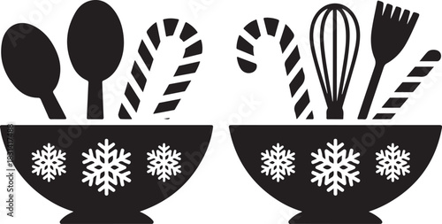 Two festive christmas baking bowls filled with utensils and candy canes silhouette