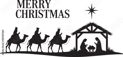 Vector illustration Birth of Christ, baby Jesus reaching the Magi bear gifts, three wise kings and star of bethlehem, nativity christmas graphics design elements