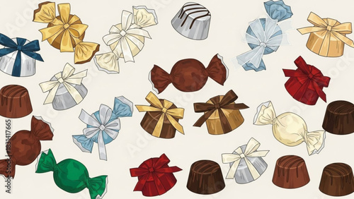 Delicious assorted chocolate candies with colorful wrappers and bows for sweet treat celebrations gifts