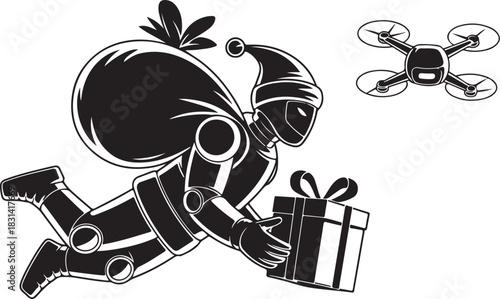 Vector silhouette of a robot Santa delivering presents with drones