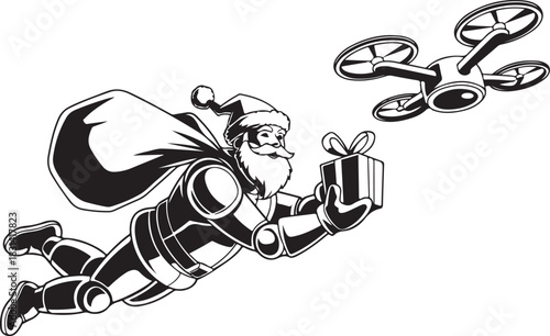 Vector silhouette of a robot Santa delivering presents with drones