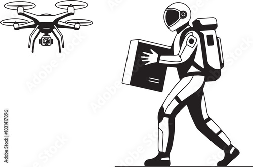 Vector silhouette of a robot Santa delivering presents with drones