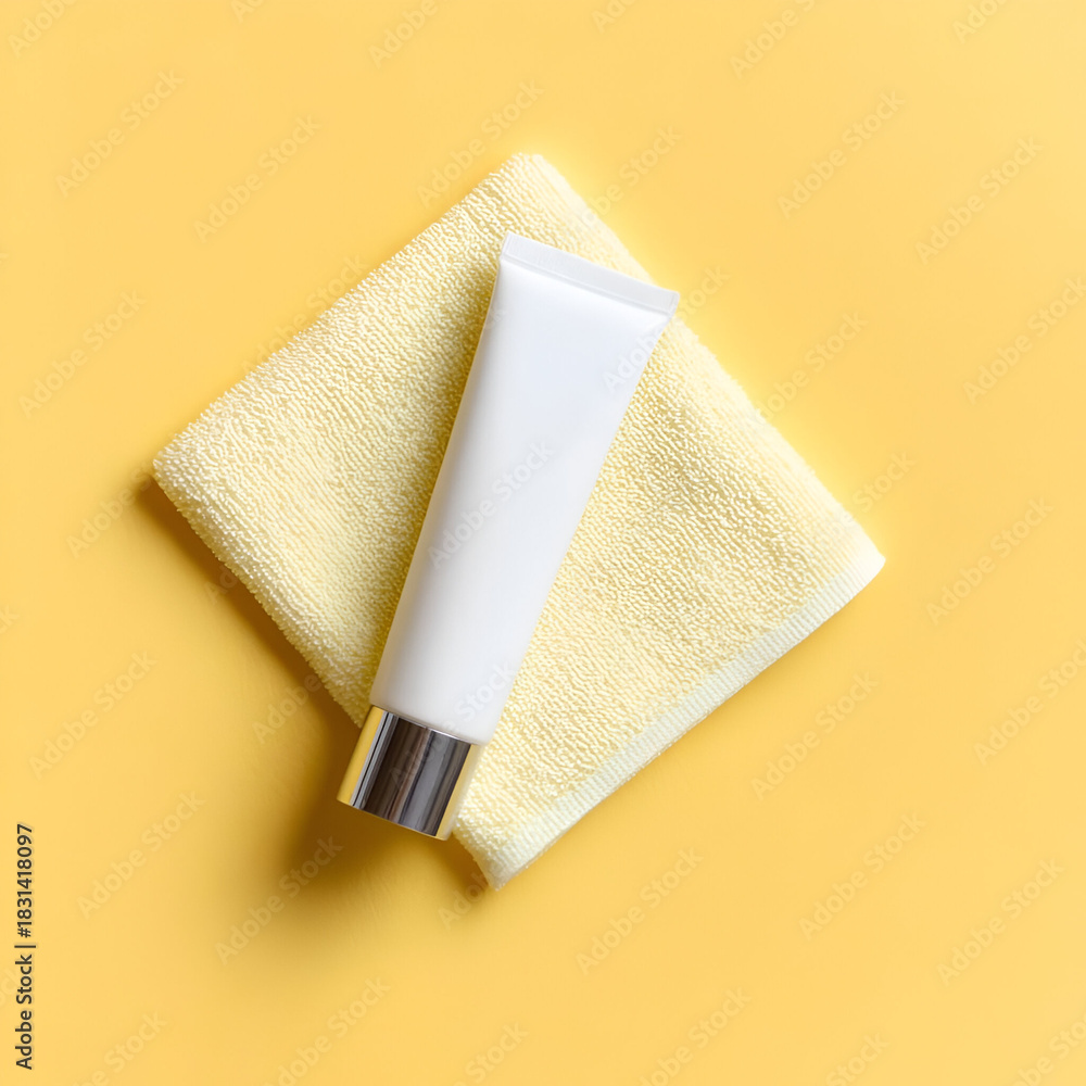 Fototapeta premium A clean white tube of cream sits on a soft yellow towel against a cheerful yellow background, promoting relaxation.