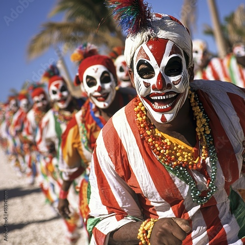 Smiling Masked Dancers in Colorful Costumes at a Caribbean Festival