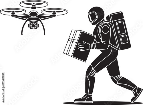 Vector silhouette of a robot Santa delivering presents with drones