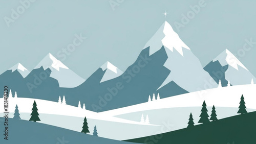 Mountain landscape vector illustration with snow peaks and pine trees for winter scenery and outdoor designs