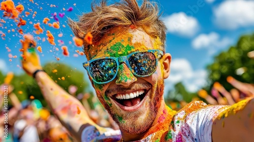 Happy Man Covered in Holi Powder at Festival