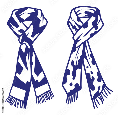 Two stylish blue scarves with different patterns and detailed fringes on a white background