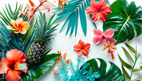 tropical vibrant imagery, vivid islandinspired composition featuring blooming flowers and sliced fruit