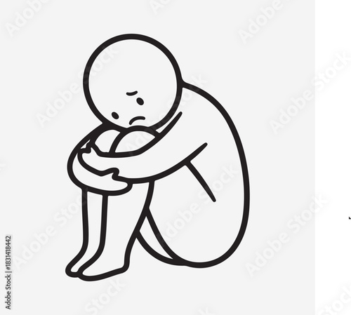 Simple line drawing of a sad person hugging knees