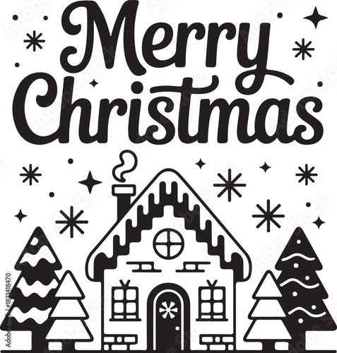 Whimsical black and white illustration of a gingerbread house with smoke billowing from the chimney and merry christmas text above