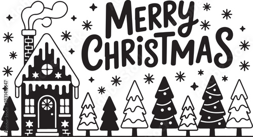 Whimsical black and white illustration of a gingerbread house with smoke billowing from the chimney and merry christmas text above