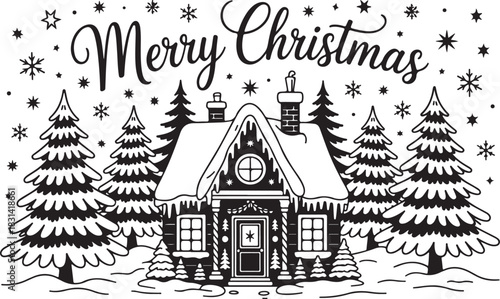 Whimsical black and white illustration of a gingerbread house with smoke billowing from the chimney and merry christmas text above