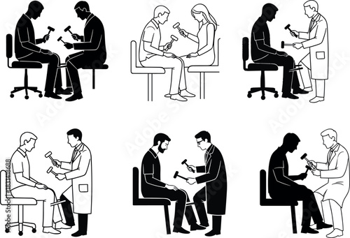 flavector male doctor performing knee reflex test with hammer in silhouette style