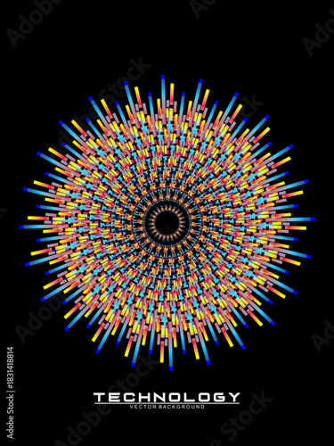 Music poster design background. Electro Sound Cover Template with dynamic abstract gradient circular geometric line shapes for t-shirt screen printing, technology, digital, party, festival and club.