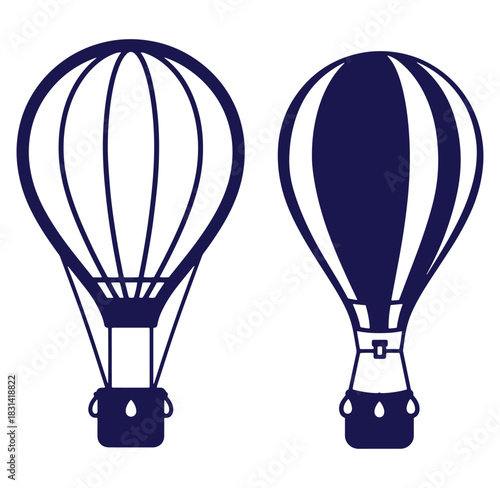 Two stylized dark blue hot air balloons isolated on a clean white background design