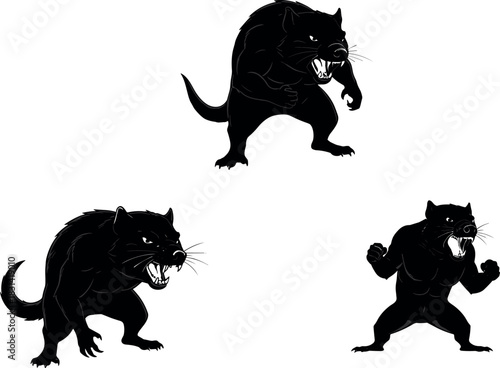 flavector panther creatures snarling crouched and muscular poses black vector fantasy comic-style predator illustrations