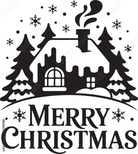 Whimsical silhouette of a snow covered gingerbread house surrounded by pine trees with smoke rising from the chimney celebrating christmas