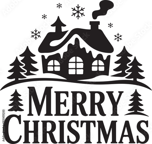 Whimsical silhouette of a snow covered gingerbread house surrounded by pine trees with smoke rising from the chimney celebrating christmas